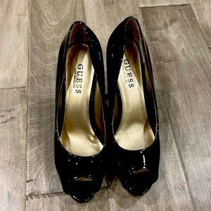 Guess peep toe pumps, 100mm, black patent